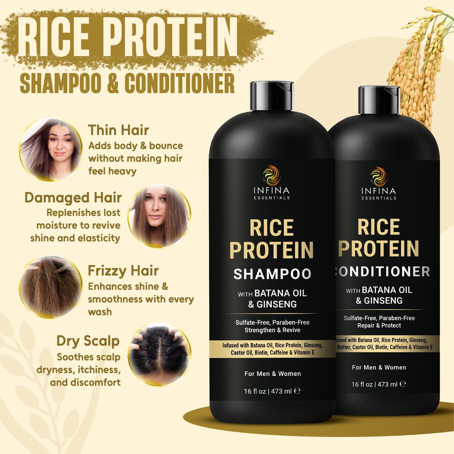 INFINA ESSENTIALS Rice Water Shampoo and Conditioner Set | 16 fl oz Each | with Batana Oil & Ginseng | Rice Shampoo for Repairing Damaged Hair | Beauty & Personal Care INFINA ESSENTIALS
