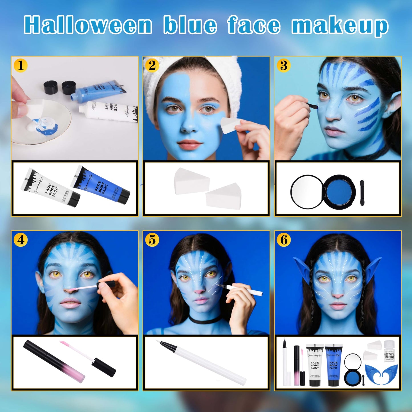 8pcs Avatar Makeup Kit,Navy Blue White Face Paint, Royal Blue Face Paint for Smurf Mystique Cosplay,Lip Gloss,White UV Eyeliner, Short Elf Ears,Single Beauty & Personal Care faglowmify