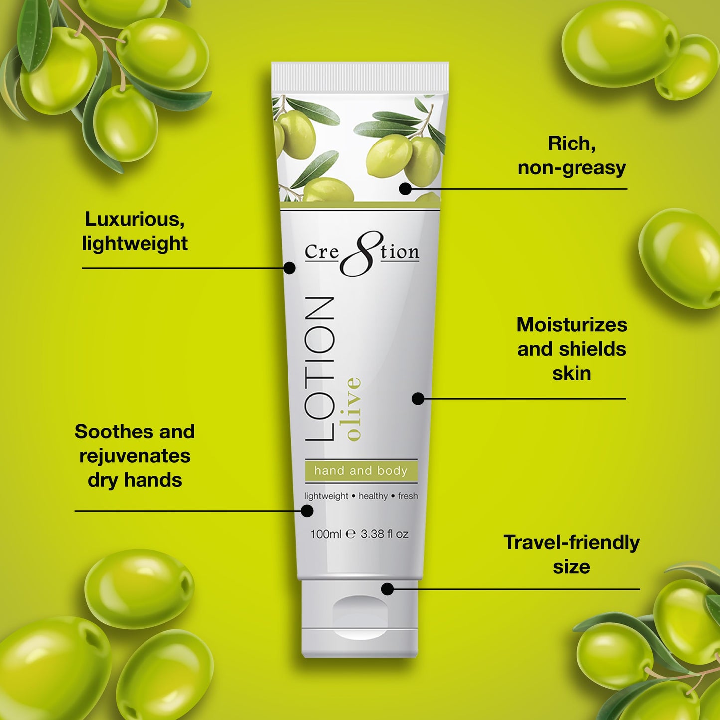 Cre8tion Spa Olive Hand & Body Lotion, Luxurious Lightweight Moisturizer for Silky, Smooth Skin, 3.3 Fl Oz Beauty & Personal Care Cre8tion