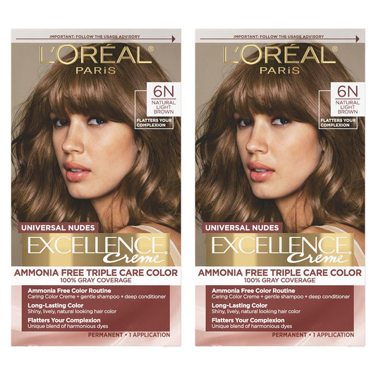 L’Oreal Paris Excellence Universal Nudes Permanent Hair Color, Ammonia Free Hair Dye for Gray Hair Coverage, 6N Natural Light Brown, 1 Kit (Pack of 2)