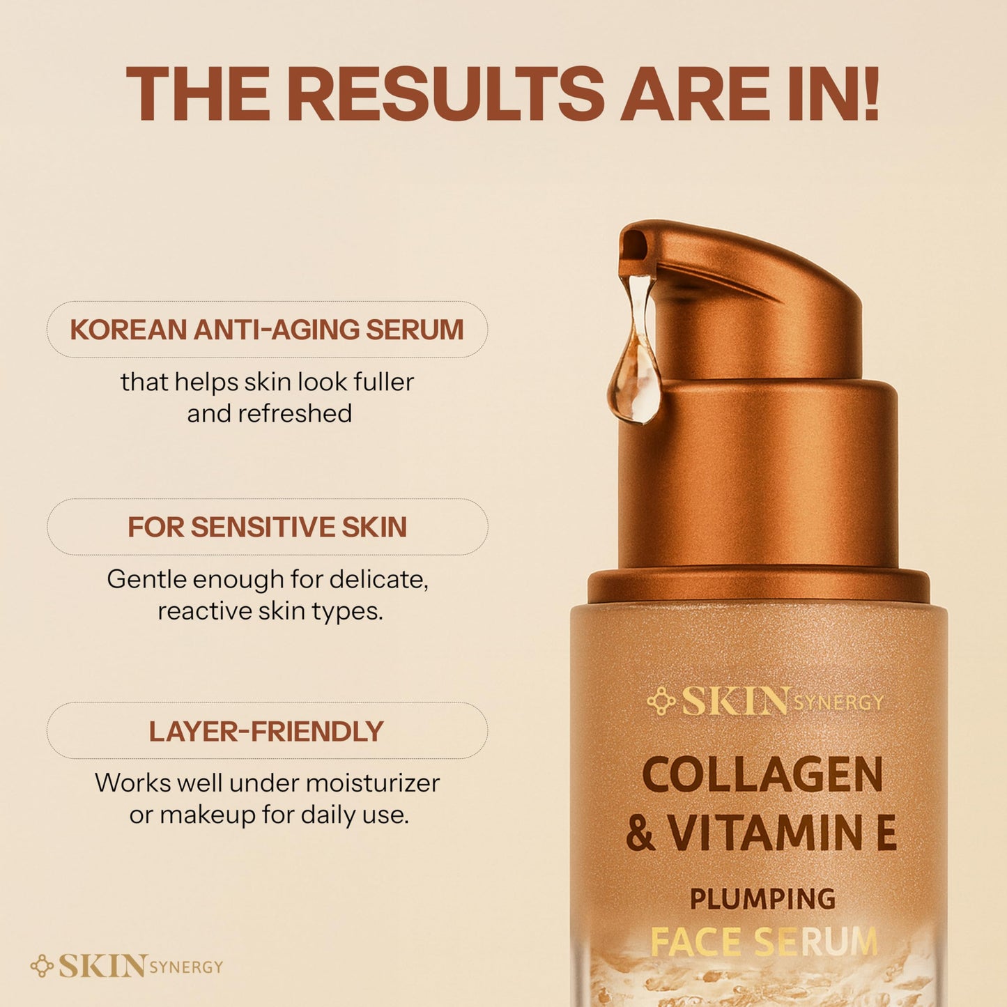 Skin Synergy Collagen & Vitamin E Face Serum - Hydrating, Firming & Nourishing Formula - Dermatologist Tested, Anti-Aging, Korean Skin Care - Clean Beauty & Personal Care Skin Synergy