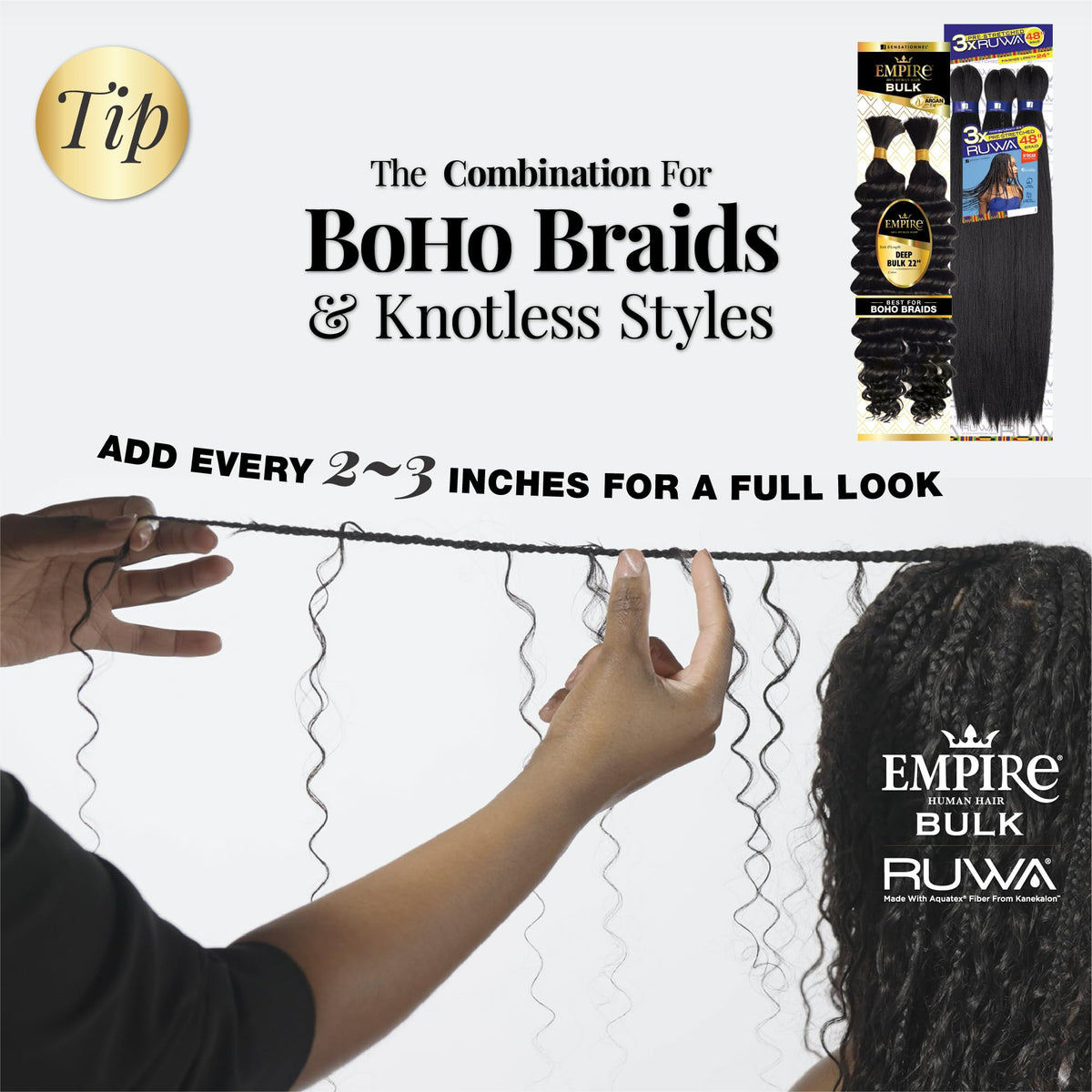 Sensationnel Hair Extensions Empire Bulk 22-inch Human Hair, BG Burgandy, for Knotless Boho Box Braids or Curly Loose Wave