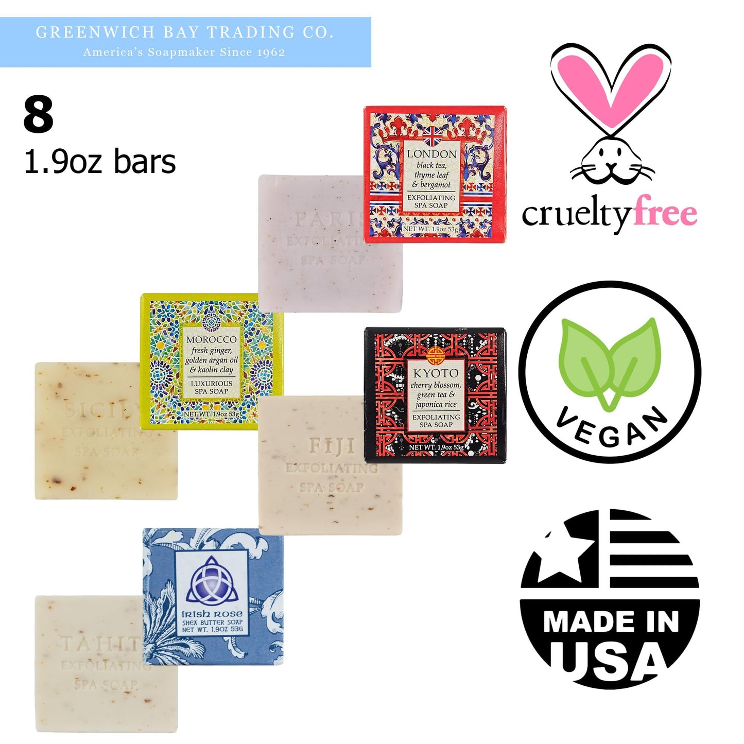 Destination Soap Sampler- Set of 8 Exfoliating Spa Soap Bars- Enriched with Shea Butter and Essential Oils- Sicily, Kyoto, London, Paris, Morocco Beauty & Personal Care Greenwich Bay
