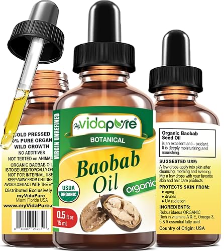 MYVIDAPURE Organic BAOBAB OIL Certified Organic 100% Natural Pure VIRGIN UNREFINED for Skin, Face, Hair, Lip and Nail Care (0.5 Fl Oz) Beauty & Personal Care MYVIDAPURE