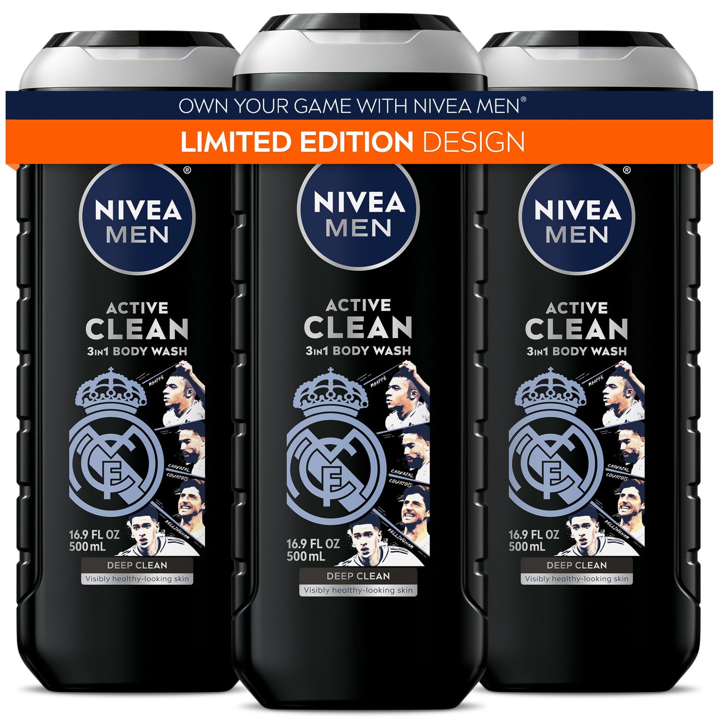 NIVEA MEN Real Madrid Limited Edition Design Active Clean Body Wash with Natural Charcoal for Normal to Oily Skin, 3-in-1 Charcoal Body Wash, Face Beauty & Personal Care NIVEA MEN