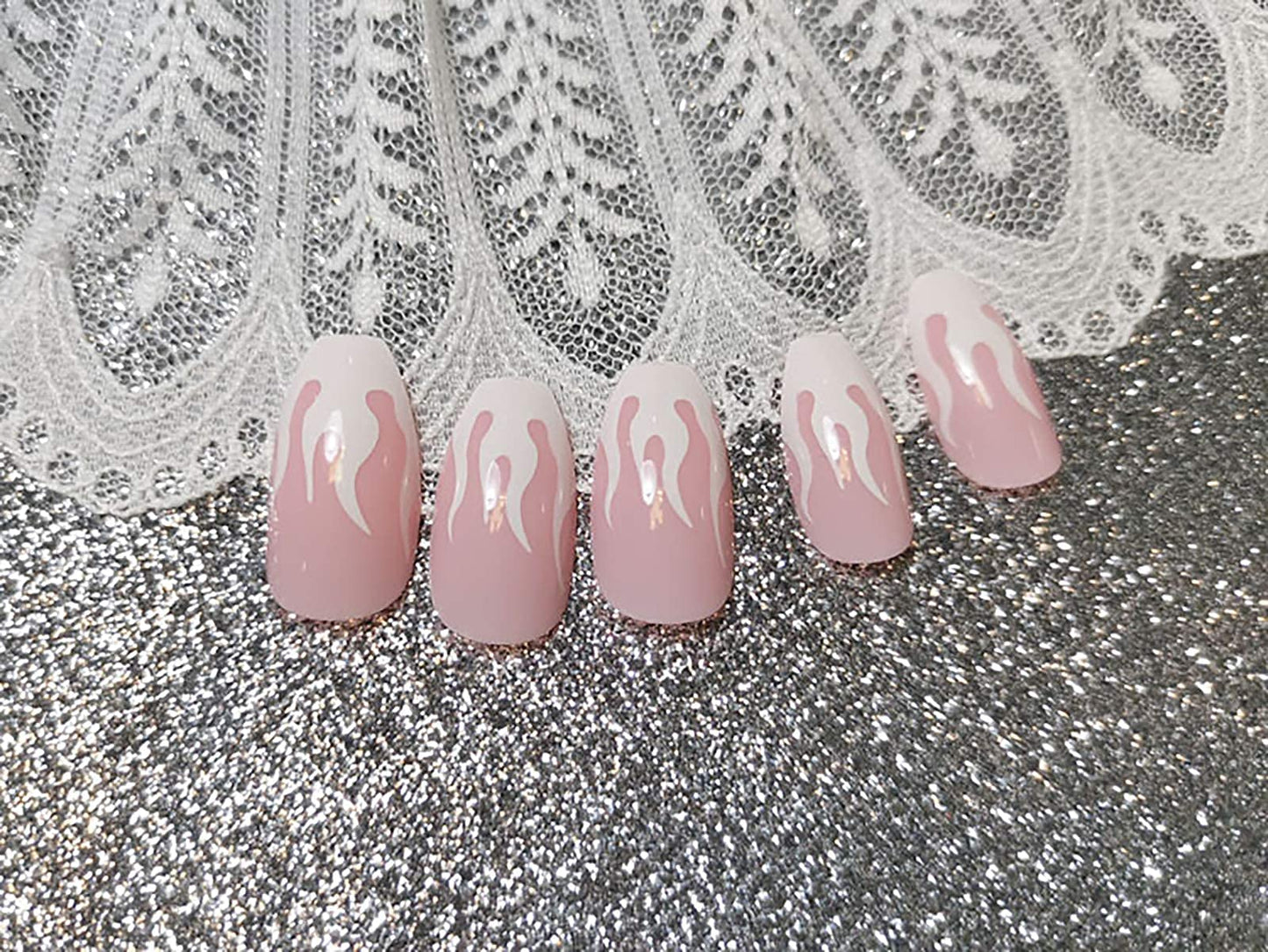 BABALAL 24Pcs Medium Coffin Fake Nails Pink White Flame False Nails Glossy Ballerina Press on Nails for Women and Girls Beauty & Personal Care BABALAL