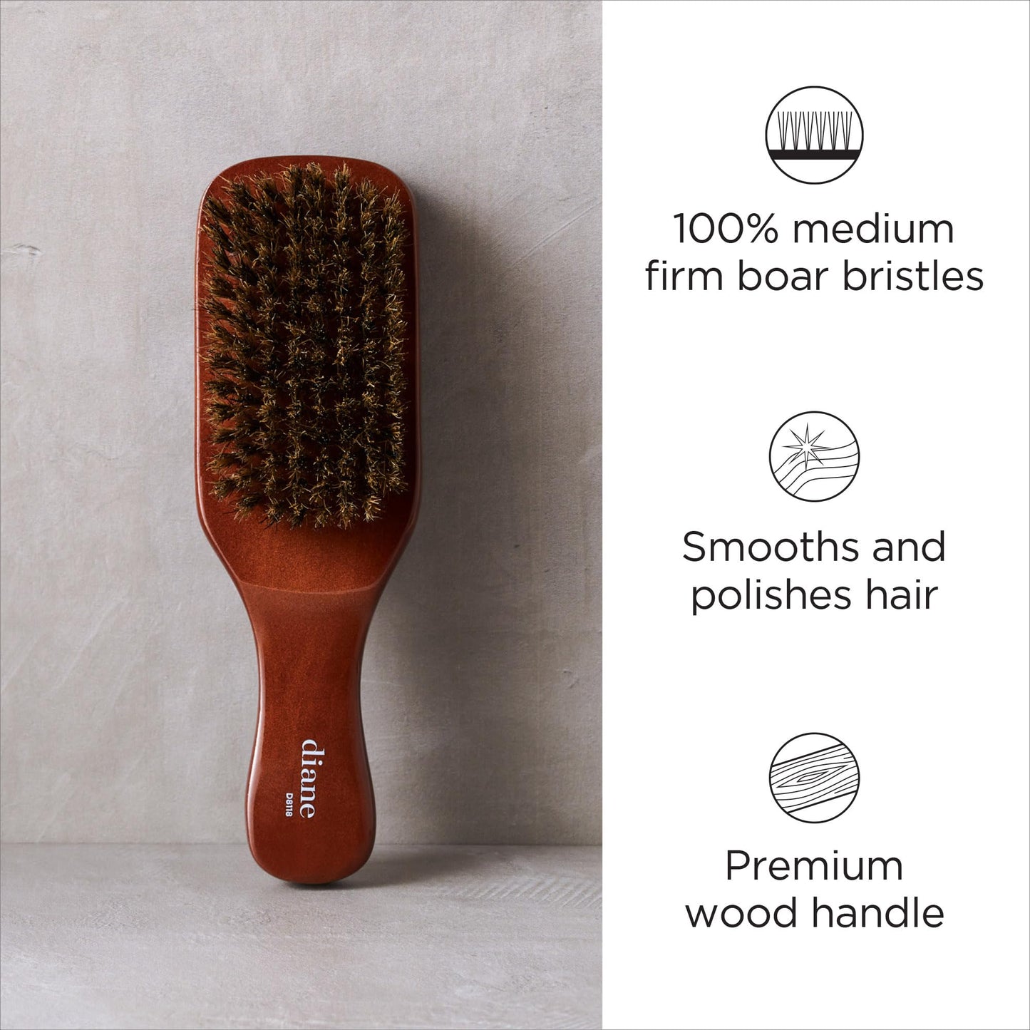 Diane Premium 100% Boar Bristle Club Wave Brush for Men and Barbers - Medium Bristles for Thick Coarse Hair - Use for Detangling, Smoothing, Wave Beauty & Personal Care Diane