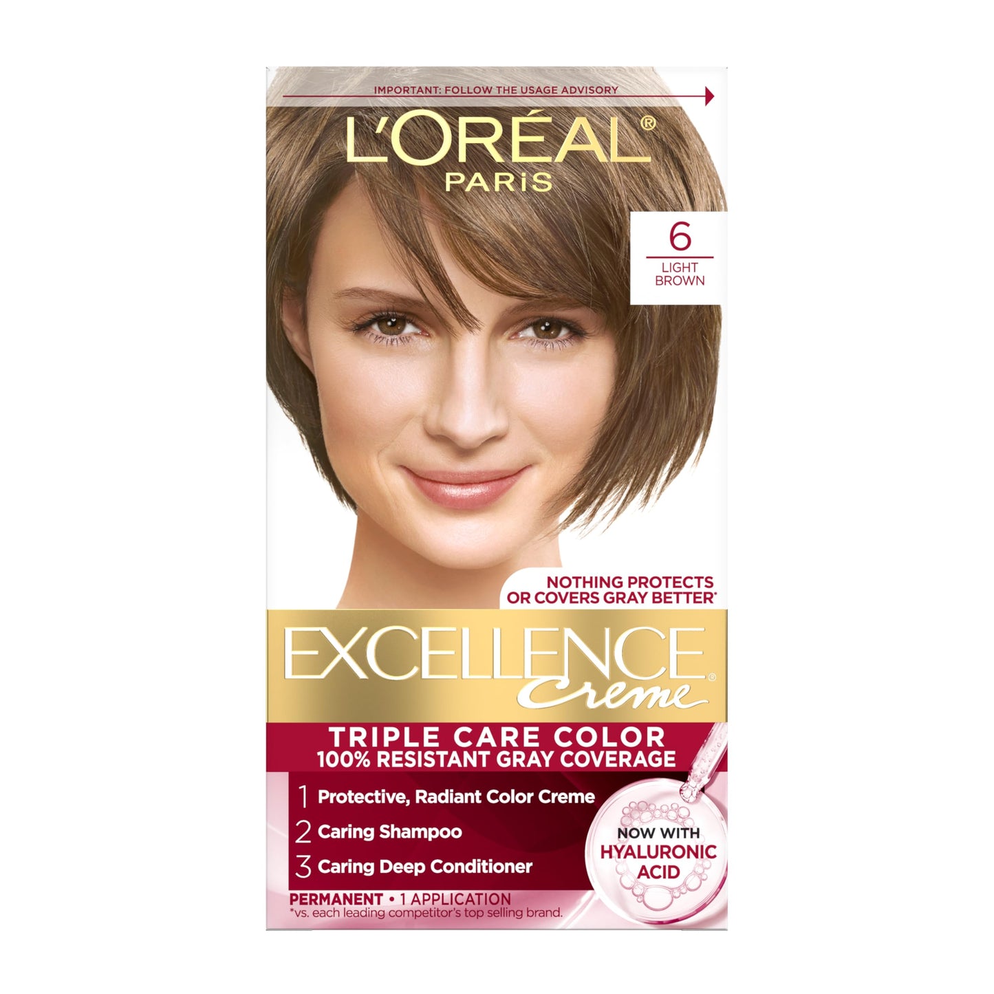 L'Oreal Paris Excellence Crème Permanent Hair Dye, Triple Care Hair Color with Hyaluronic Acid for 100% Gray Coverage, 6 Light Brown, 1 Kit (Packaging Beauty & Personal Care L'Oreal Paris