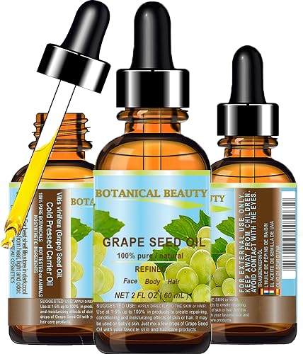 Botanical Beauty GRAPE SEED OIL 100% Pure Natural Undiluted Refined Cold Pressed Carrier Oil for Face, Skin, Body, Hair, Massage, Lip, Nails (2 Fl Oz Beauty & Personal Care Botanical Beauty