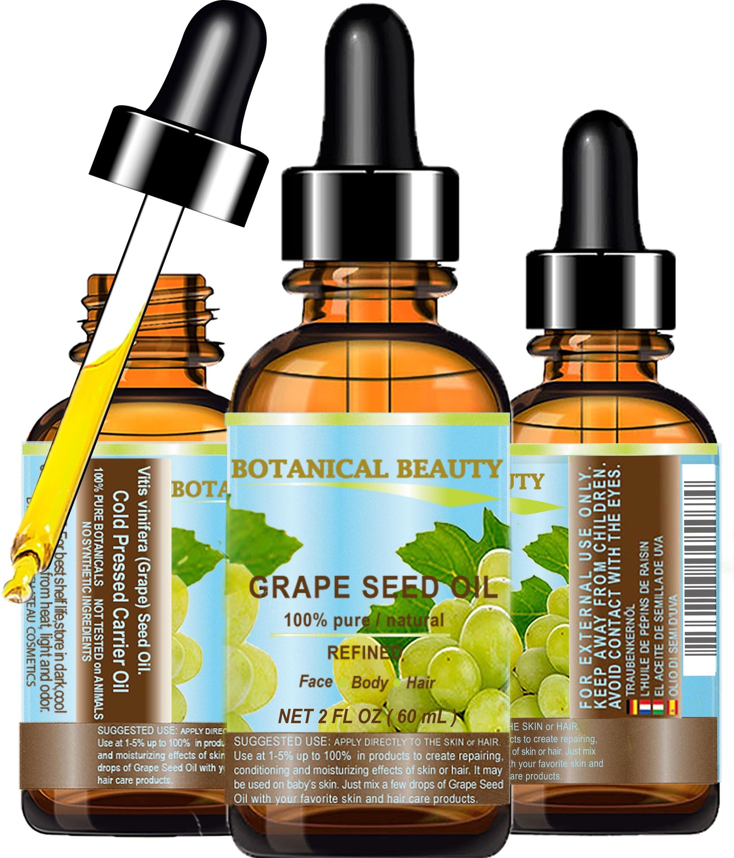 Botanical Beauty GRAPE SEED OIL 100% Pure Natural Undiluted Refined Cold Pressed Carrier Oil for Face, Skin, Body, Hair, Massage, Lip, Nails (2 Fl Oz Beauty & Personal Care Botanical Beauty