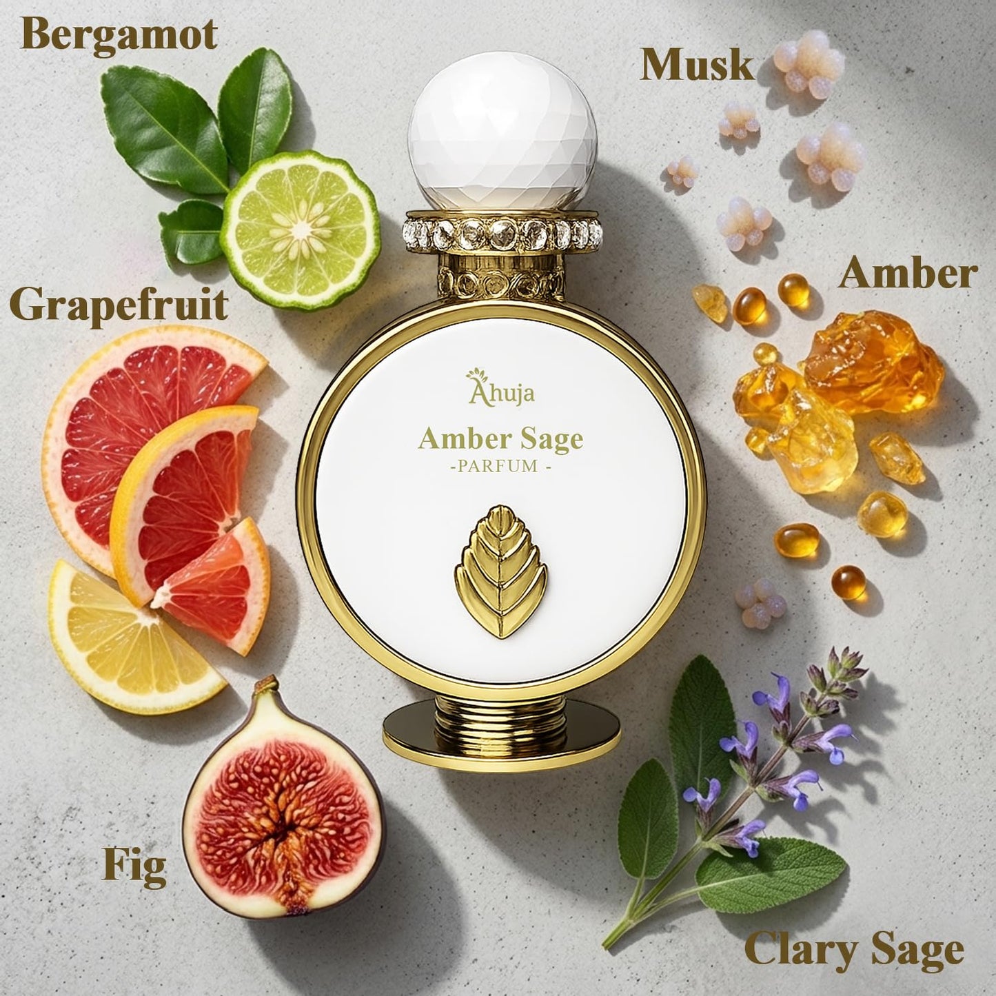 AHUJA Amber Sage - 3.4 oz Parfum | Unisex Fresh Aromatic Scent | 30% Long Lasting Oil | Bergamot, Grapefruit, Fig, Clary Sage, Amber, Musk | Luxury Beauty & Personal Care AHUJA