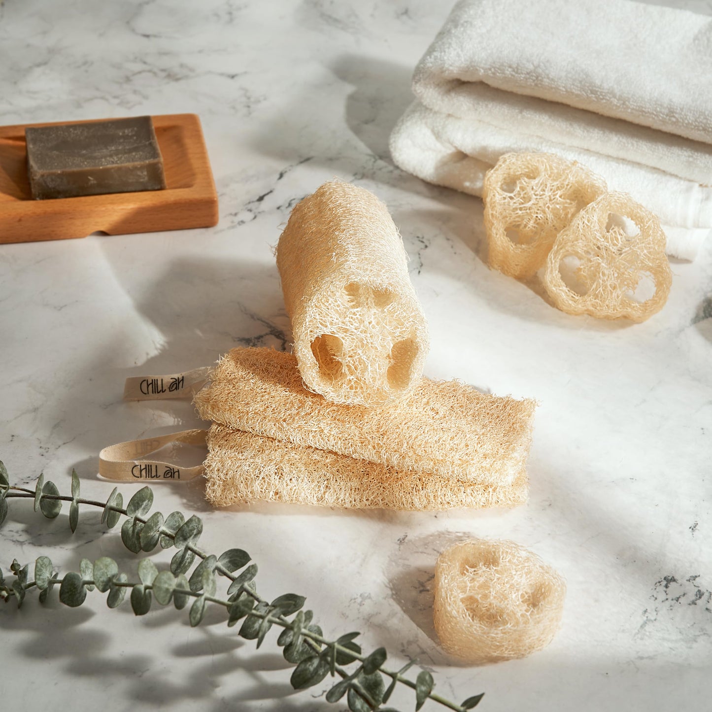 Chill Ah Natural Loofah Sponge Set - 100% Plant-Based, Dye-Free, Biodegradable Bath Exfoliator for Glowing Skin - Handcrafted in Vietnam (4-Pack) Beauty and Personal Care Chill Ah