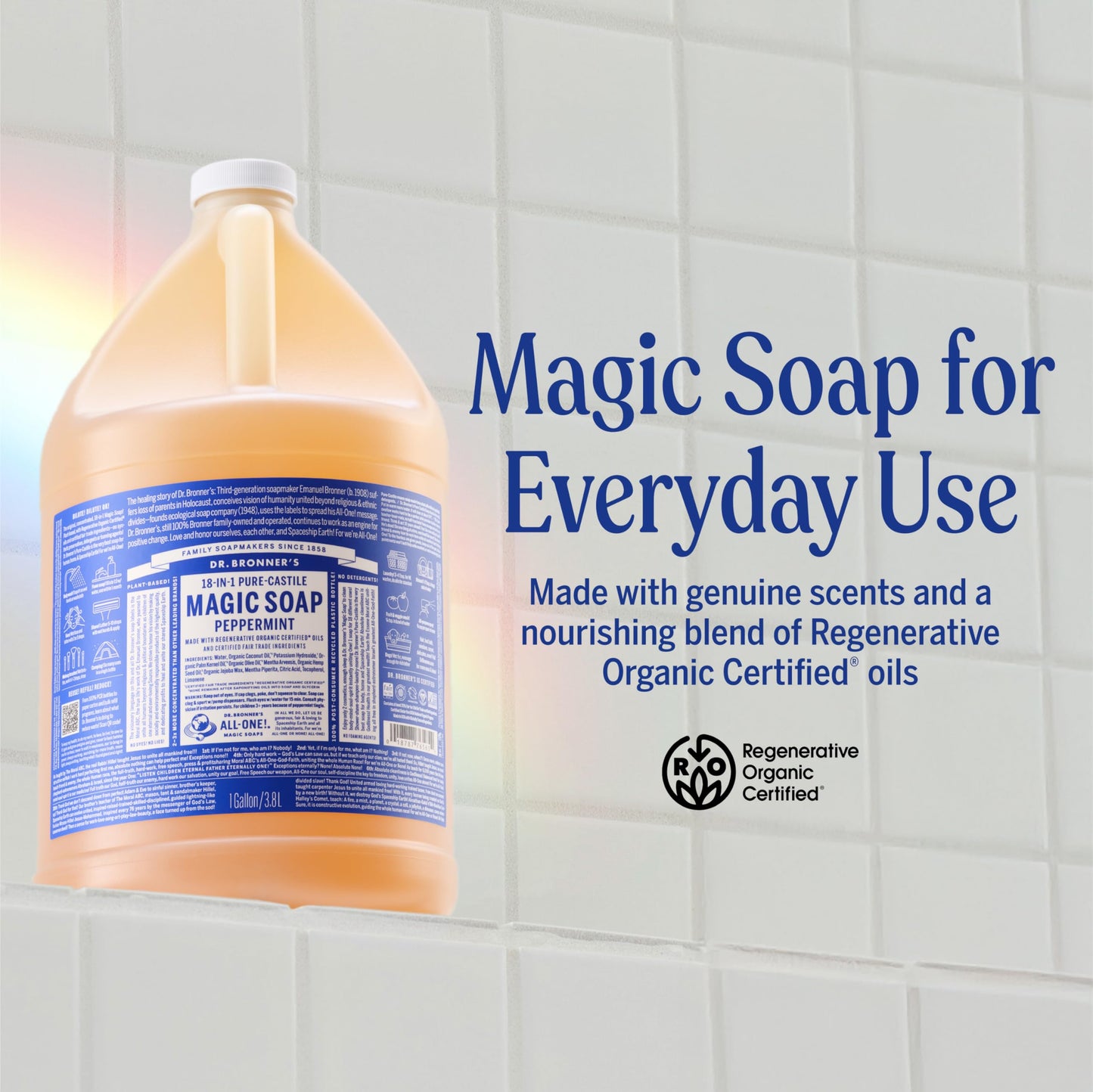 Dr. Bronner's Pure-Castile Magic Soap Liquid (Peppermint, 1 Gallon) - Made with Regenerative Organic Certified Oils - For Face, Hair, Laundry, Dishes Beauty & Personal Care Dr. Bronner's