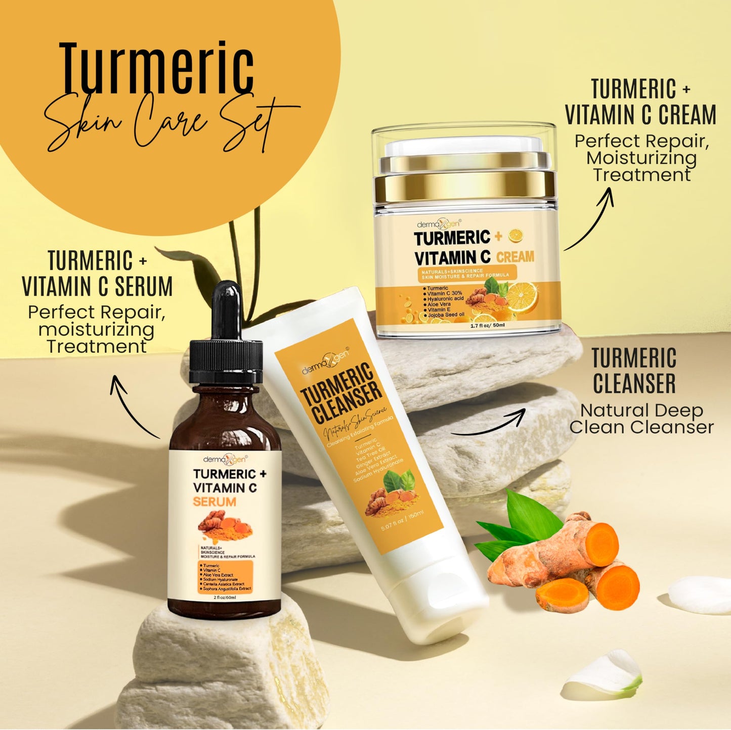 Dermaxgen Turmeric Complete Facial Care Kit - Organic Glowing Skin Anti-Aging, Rejuvenating, Boosting Collagen & Hydrating - Day & Night Brightening Beauty & Personal Care DERMAXGEN