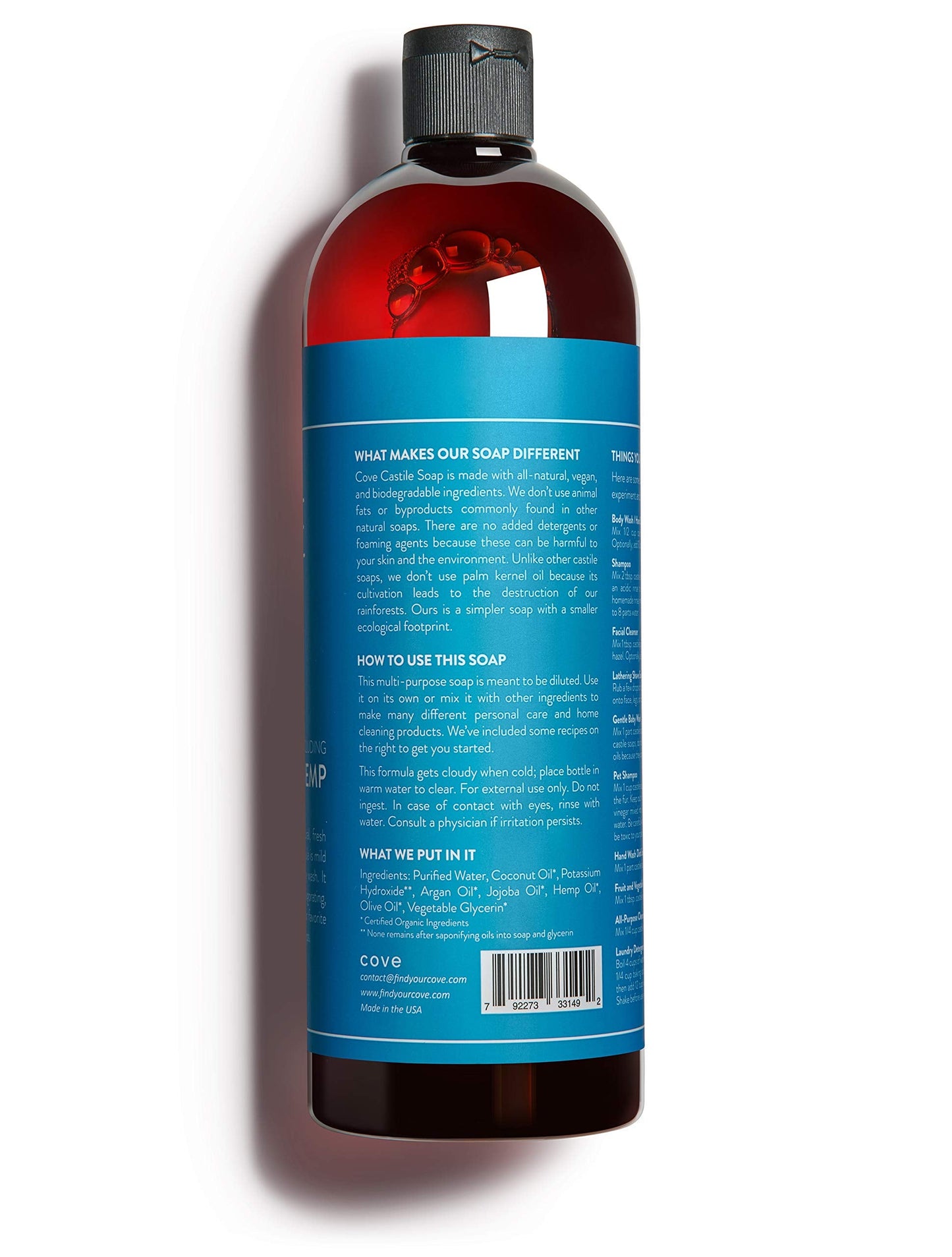 Cove Castile Soap Unscented - 1 Liter / 33.8 fl oz - Organic Argan, Jojoba, and Hemp Oils Beauty & Personal Care Cove