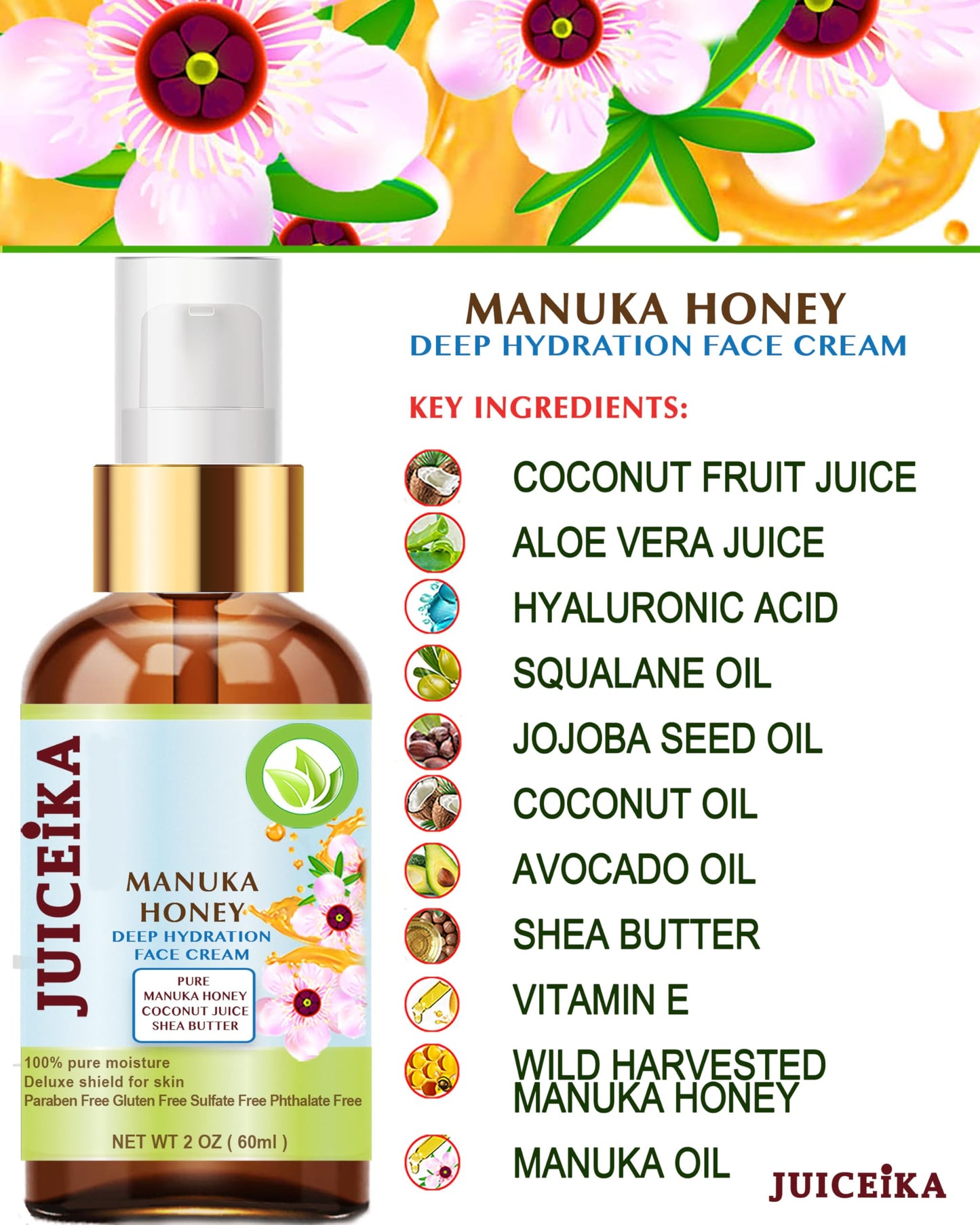 Juiceika MANUKA HONEY Deep Hydration Face Cream Face Moisturizer. Manuka Oil, Aloe Vera, Shea Butter, Coconut Oil, Jojoba Oil, Squalane, Hyaluronic Beauty & Personal Care Juiceika