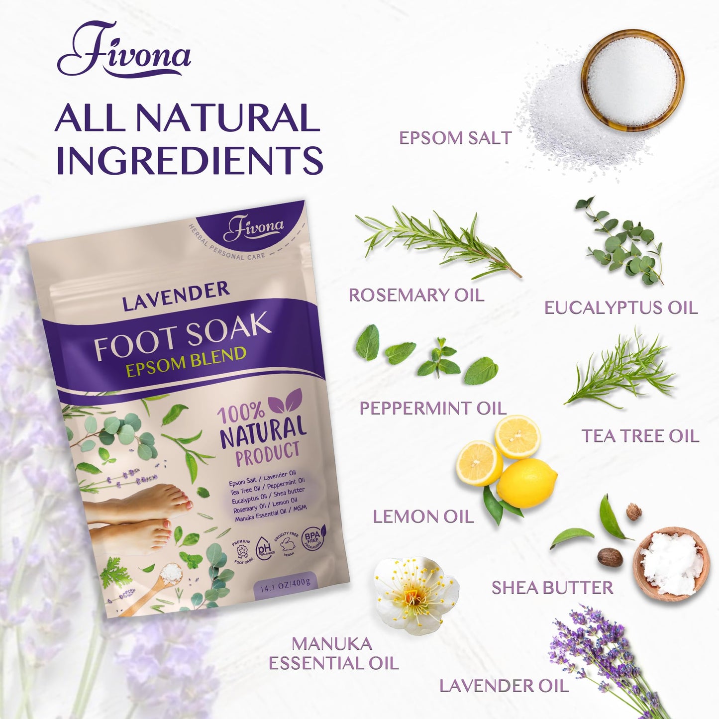 Fivona Foot Soak Blend Epsom Salt with Lavender 14.1 oz - Calming Foot Bath Salt, Relax & Renew Tired Feet, Soothe Soreness, Soften Calluses Beauty and Personal Care FIVONA