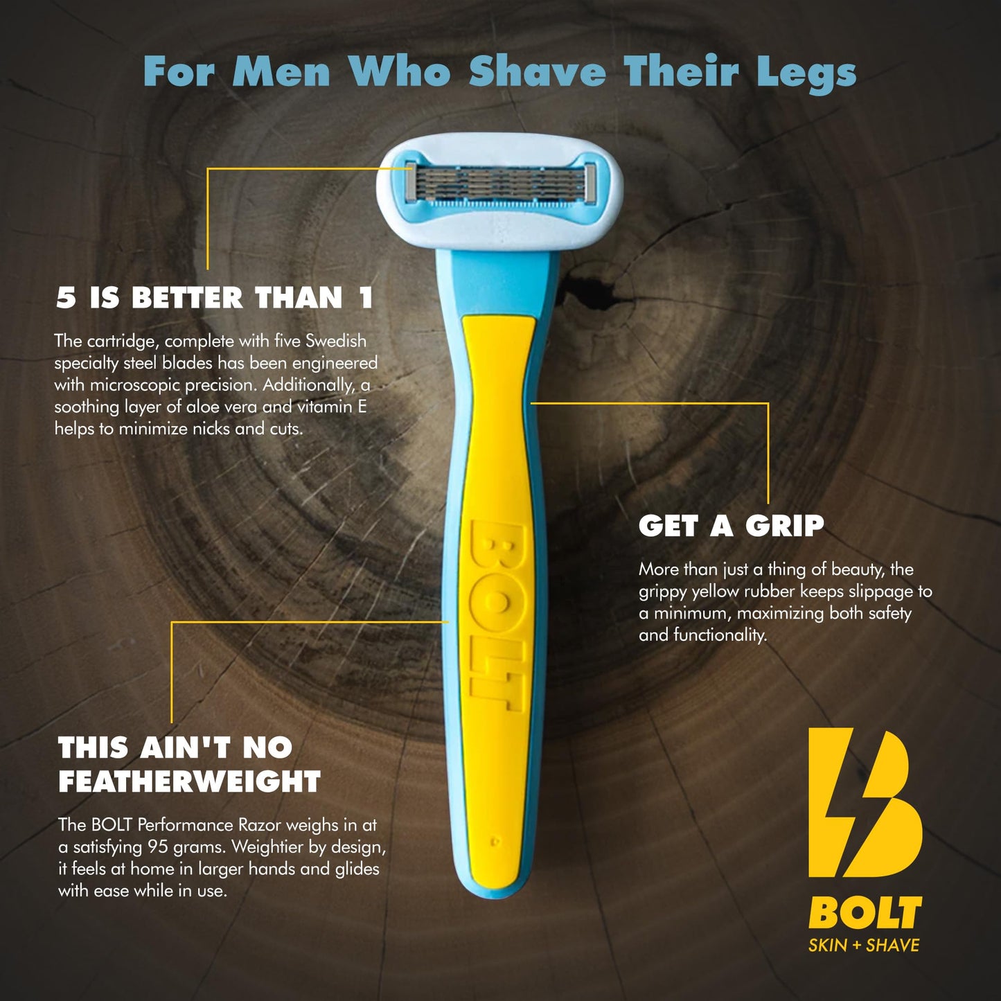 Bolt Skin + Shave Performance Razor for Men’s Leg, Head, Chest & Arm Shaving - Ergonomic Zinc Alloy Handle, 5-Blade Cartridge with Aloe & Vitamin E Beauty and Personal Care BOLT SKIN + SHAVE