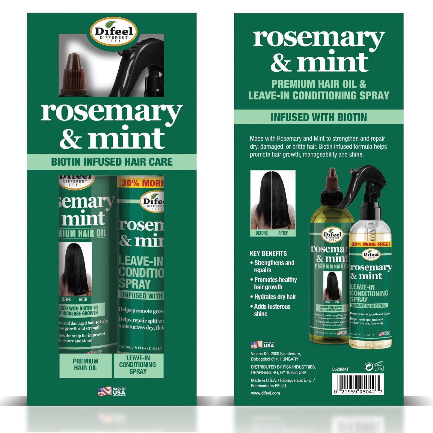Difeel Rosemary & Mint Hair Care Set - 8oz Hair Oil and 8oz Leave-in Conditioning Spray in a Gift Box Beauty & Personal Care Difeel