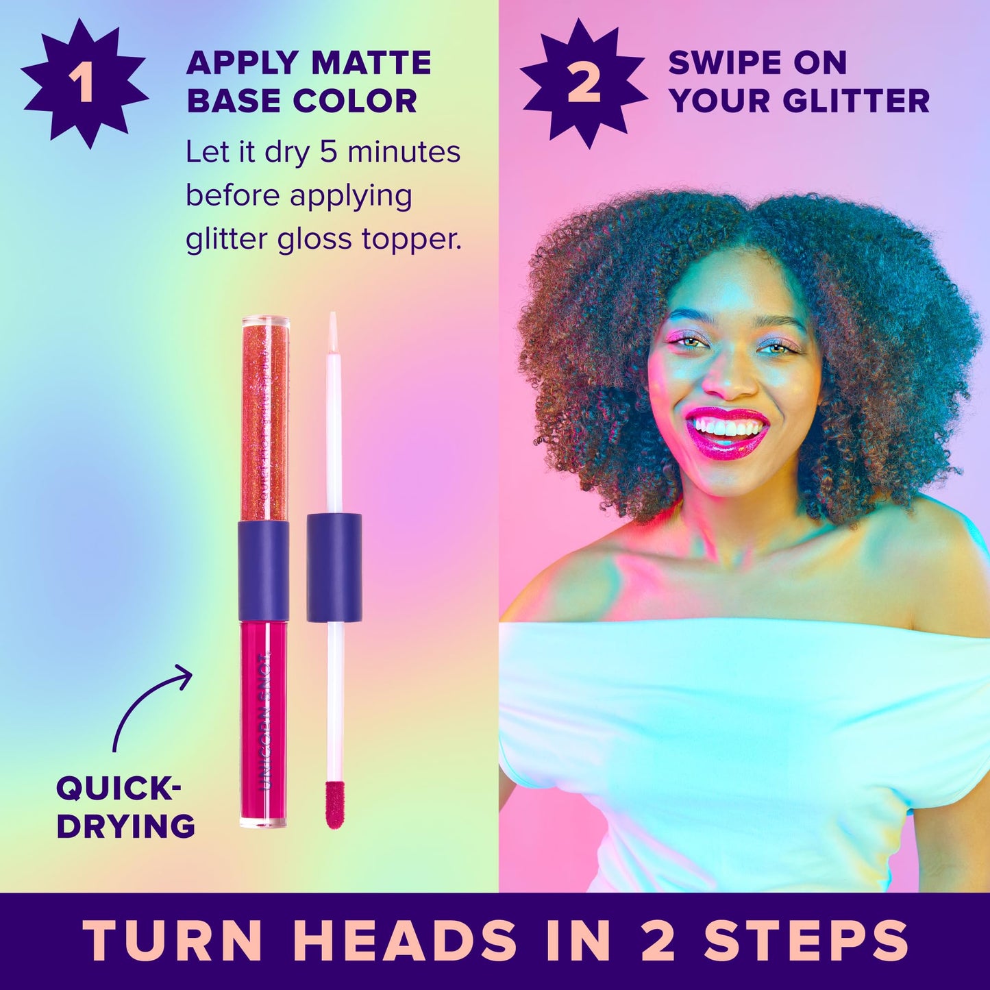 UNICORN SNOT Quiet Riot Glitter Lip Duo | 2-in-1 Set: Matte Lipstick & Plastic-Free Glitter | 0.15oz Pink Lipstick & 0.16oz Gloss, Fusion Beauty & Personal Care UNICORN SNOT