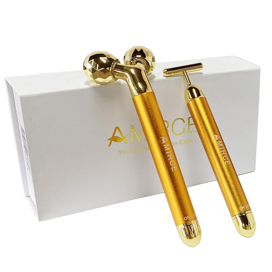 Amirce Face Massager Roller Golden 3D Roller Electric Facial Roller and T Shape Facial Roller Massager Kit Face Rollers Beauty & Personal Care Amirce