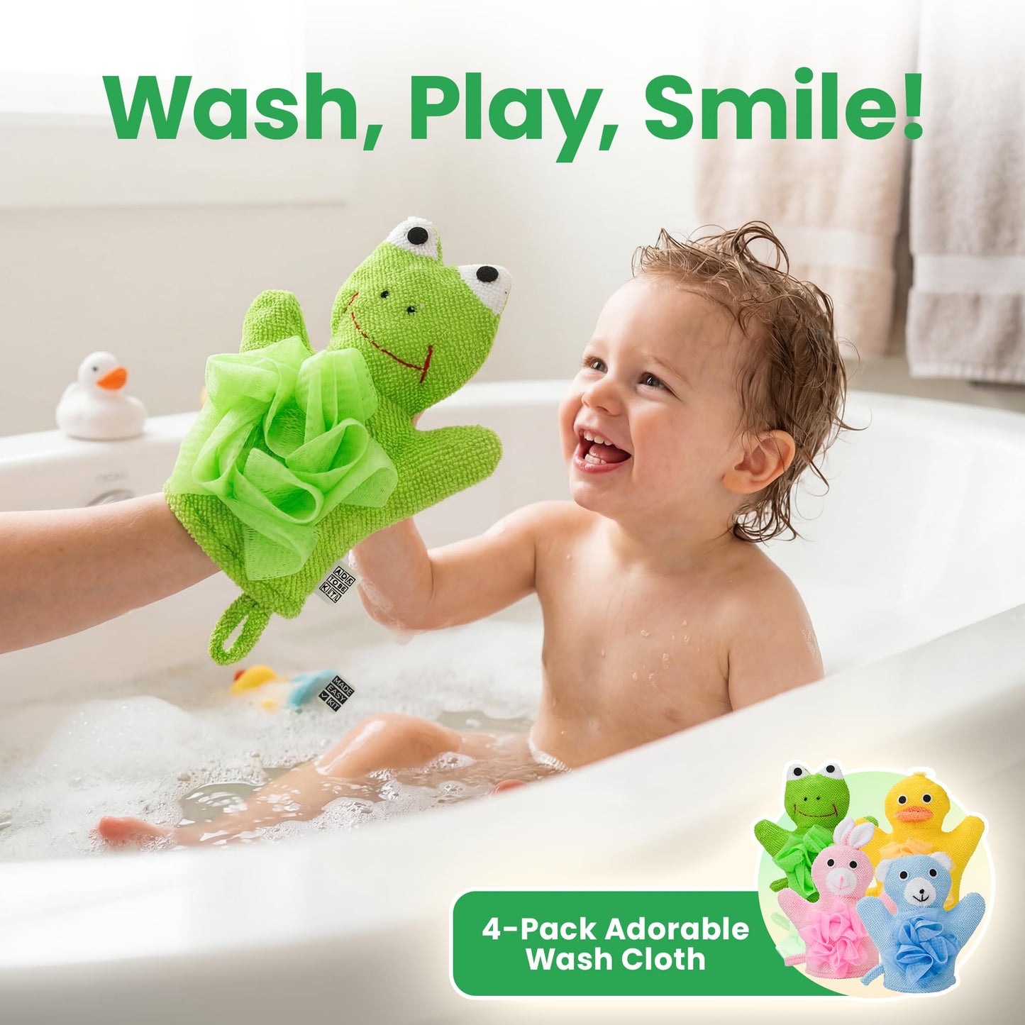 Made Easy Kit Hand Puppet Bath Wash Mitt Towel with Animal Designs with Loofahs for Fun Interactive Bathing Time (Green Yellow Pink Blue) Beauty and Personal Care Made Easy Kit