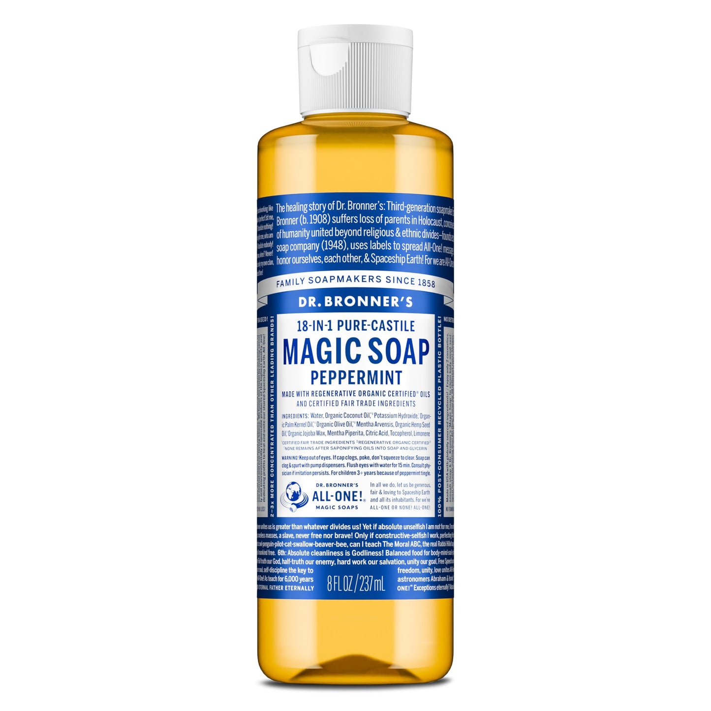 Dr. Bronner's Pure-Castile Magic Liquid Soap (Peppermint, 8 Ounce)- Made with Organic Oils, 18-in1 Uses: Face, Hair, Hand & Body Soap, Laundry, Pets Beauty & Personal Care Dr. Bronner's
