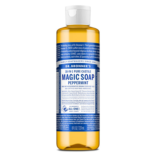 Dr. Bronner's Pure-Castile Magic Liquid Soap (Peppermint, 8 Ounce)- Made with Organic Oils, 18-in1 Uses: Face, Hair, Hand & Body Soap, Laundry, Pets Beauty & Personal Care Dr. Bronner's