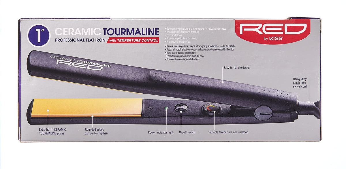 Red by Kiss Ceramic Tourmaline Professional Flat Iron - 1” Hair Straightener with Temperature Control up to 450°F, Anti-Frizz & Heat Damage