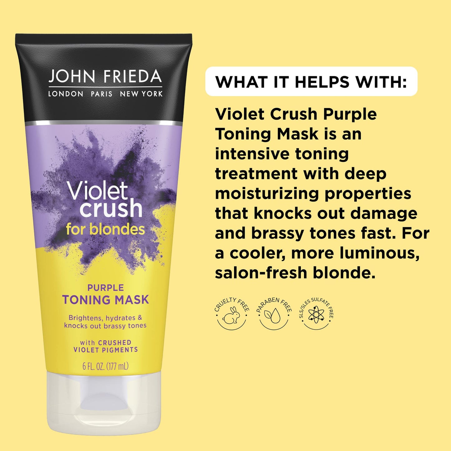 John Frieda Violet Crush Purple Toning Mask, Removes Brassy Tones, Smooths Damaged Hair Cuticles for Cooler, More Luminous, Salon-Fresh Blonde. Safe Beauty & Personal Care John Frieda