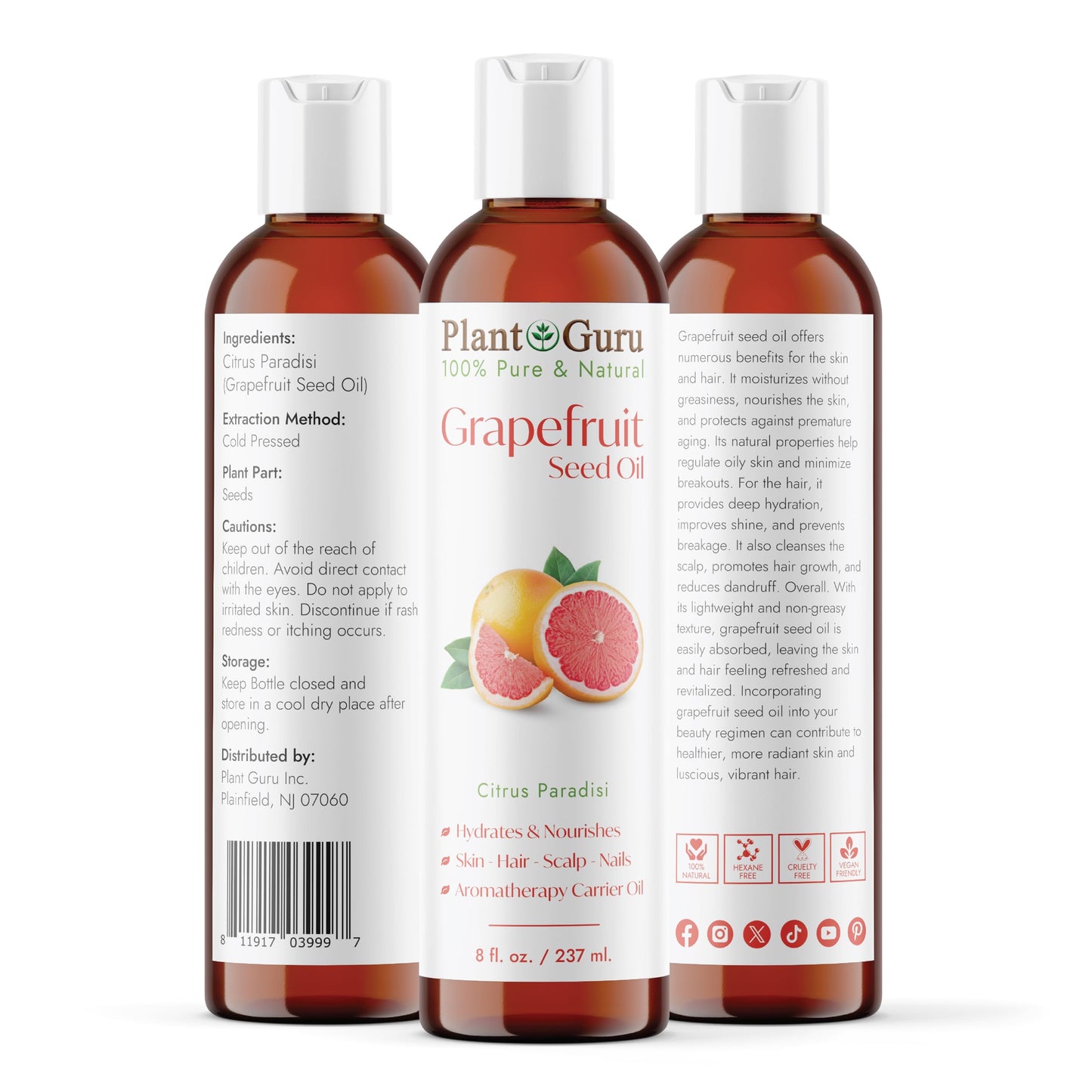 Plant Guru Grapefruit Seed Oil 8 fl. oz. Cold Pressed 100% Pure & Natural Carrier - Skin, Face, Body & Hair Growth Moisturizer. Great for DIY Creams Beauty & Personal Care Plant Guru