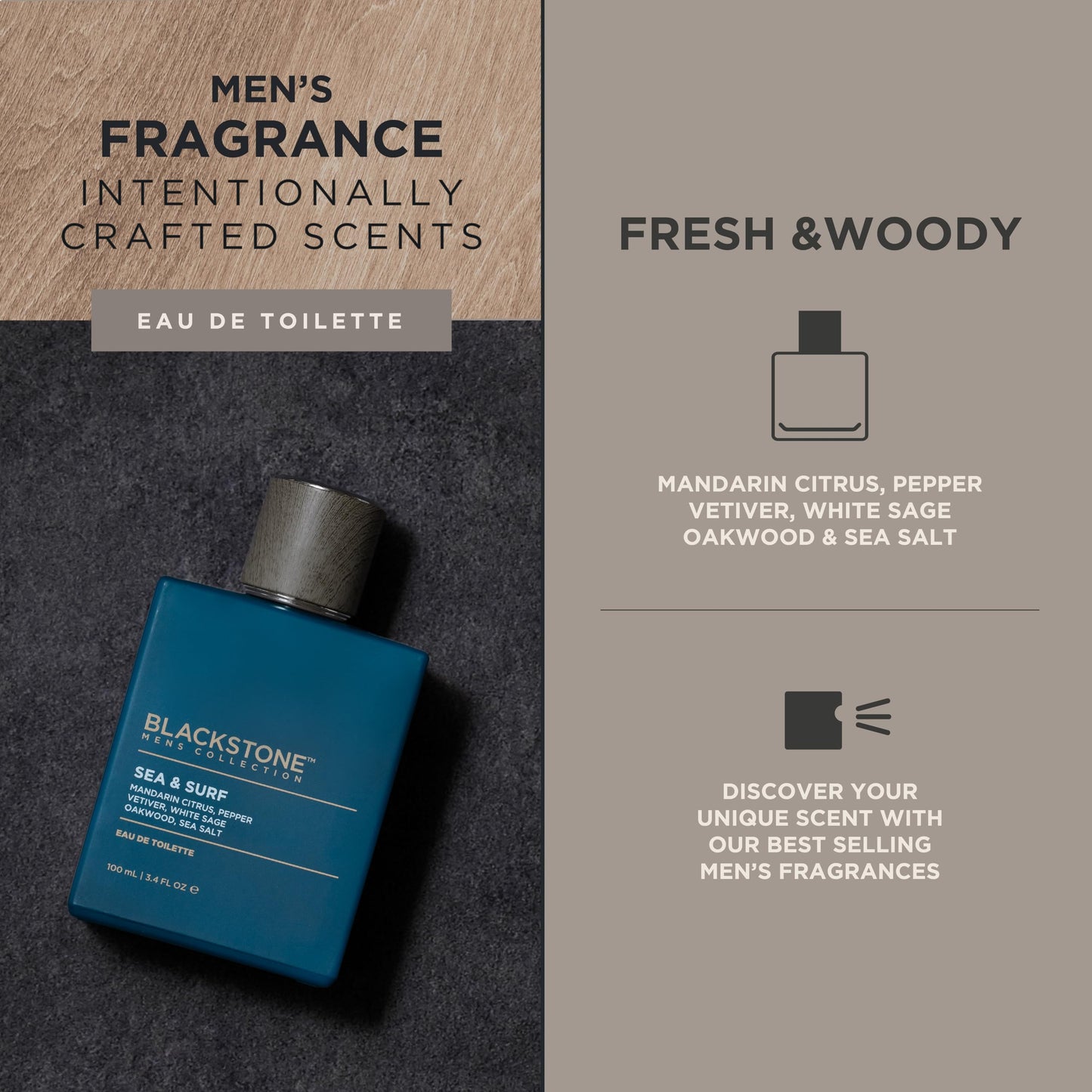 Blackstone Mens Collection Eau de Toilette - Sea & Surf | Men’s Fragrance, Fresh & Long-Lasting Cologne with Mandarin, Sea Salt, Oakwood & Sage | Beauty & Personal Care Blackstone
