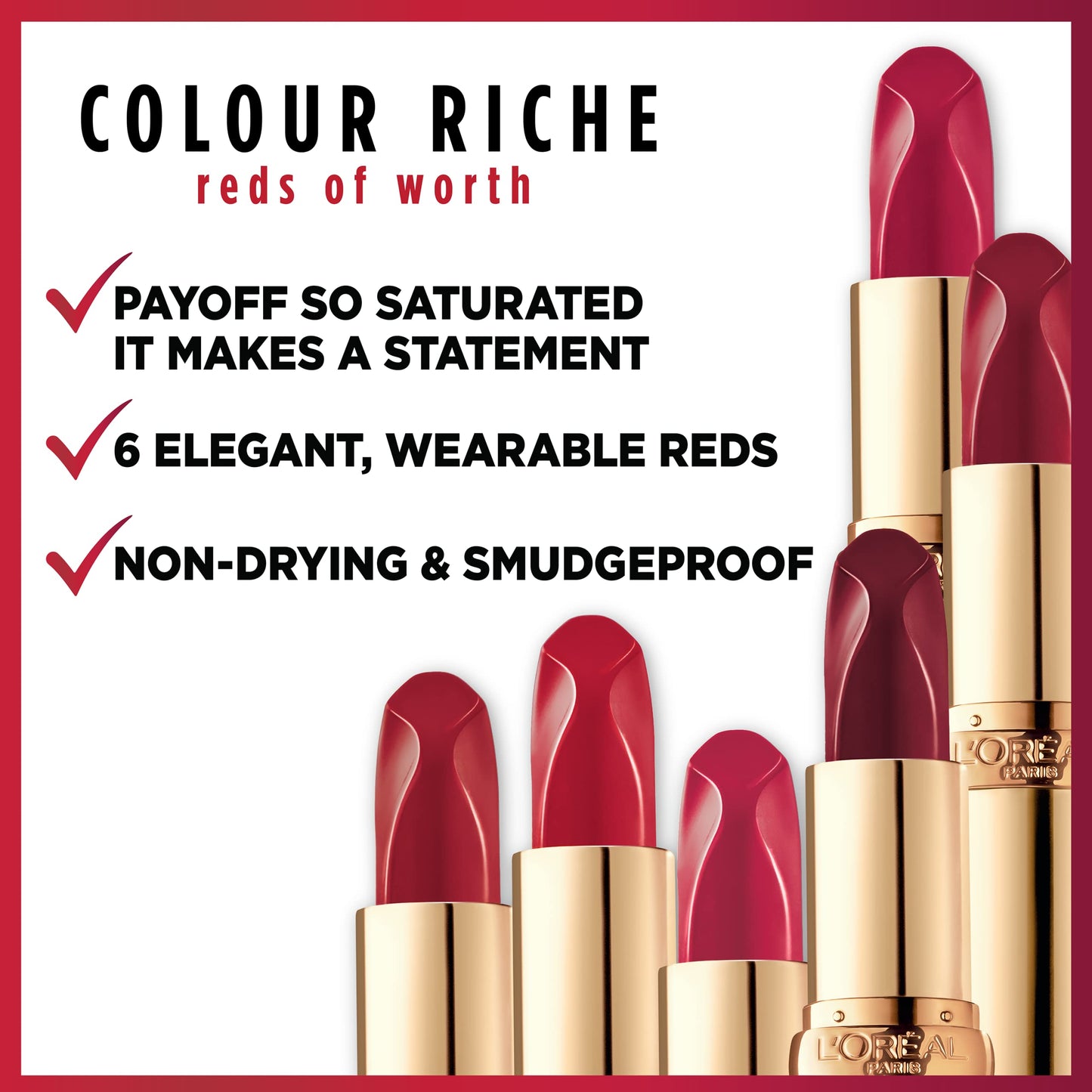 L'Oreal Paris Colour Riche Red Lipstick, Long Lasting, Satin Finish Smudge Proof Lipstick with Hydrating Argan Oil & Vitamin E, Reds of Worth, Beauty & Personal Care L'Oreal Paris