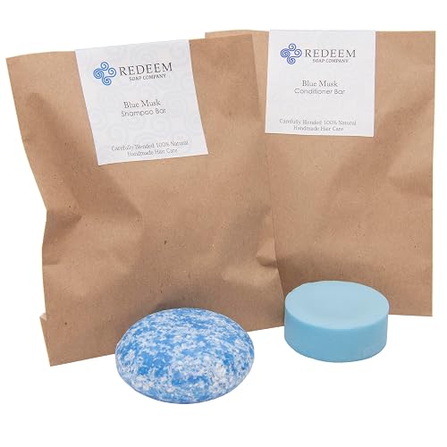 Redeem Soap Company Blue Musk Shampoo & Conditioner Bar Set - Made in USA - 3oz Shampoo + 1oz Conditioner - Zero Waste, Plastic-Free, SLS-Free Beauty & Personal Care Redeem Soap Company