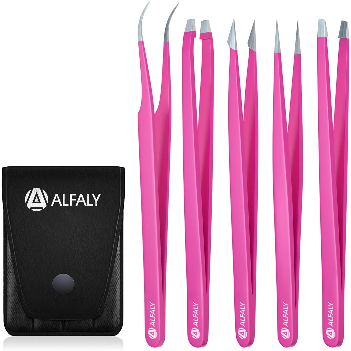 Alfaly Tweezers Set - Professional Stainless Steel 5-Piece Precision Tweezer for Men & Women - Great for Facial Hair Removal, Eyebrow Shaping Beauty & Personal Care Alfaly