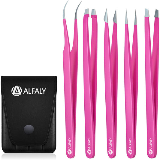 Alfaly Tweezers Set - Professional Stainless Steel 5-Piece Precision Tweezer for Men & Women - Great for Facial Hair Removal, Eyebrow Shaping Beauty & Personal Care Alfaly