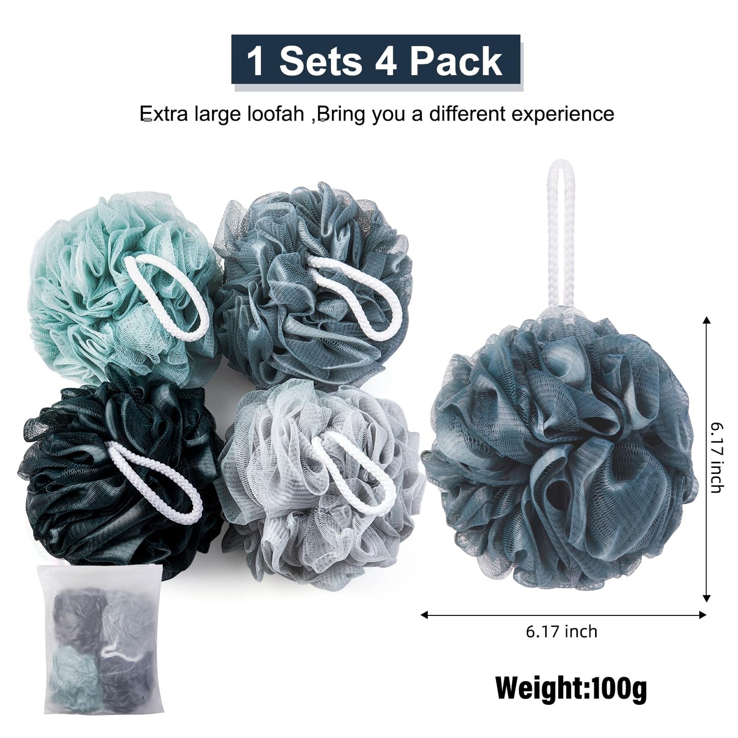 MTDLYICE Loofah Sponge XXL-100g 4 Pack, Bath Sponge Soft Mesh Shower Puff Loofah for Men, Exfoliating Body Scrubber for Women, Shower Accessories Beauty & Personal Care MTDLYICE