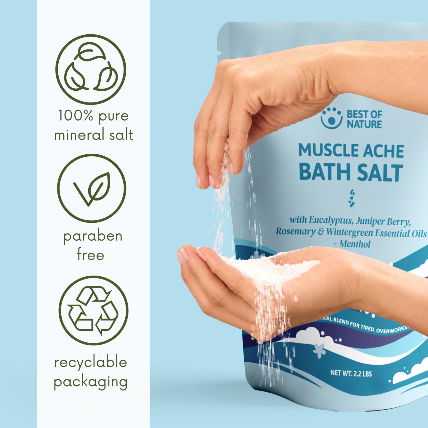 Best of Nature Muscle Ache Epsom Salt Bath Soak with Eucalyptus, Rosemary, Wintergreen & Menthol, Mineral-Rich Bath Salts, Resealable Bag, 2.2 lb Beauty and Personal Care Best of Nature
