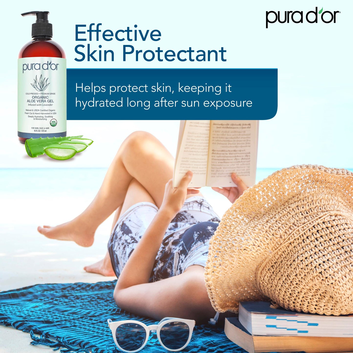 PURA D'OR 16 Oz ORGANIC Aloe Vera Gel - Lavender - All Natural - ZERO Artificial Preservatives - Deeply Hydrating & Moisturizing - Sunburn, Bug Bites Beauty & Personal Care PURA D'OR