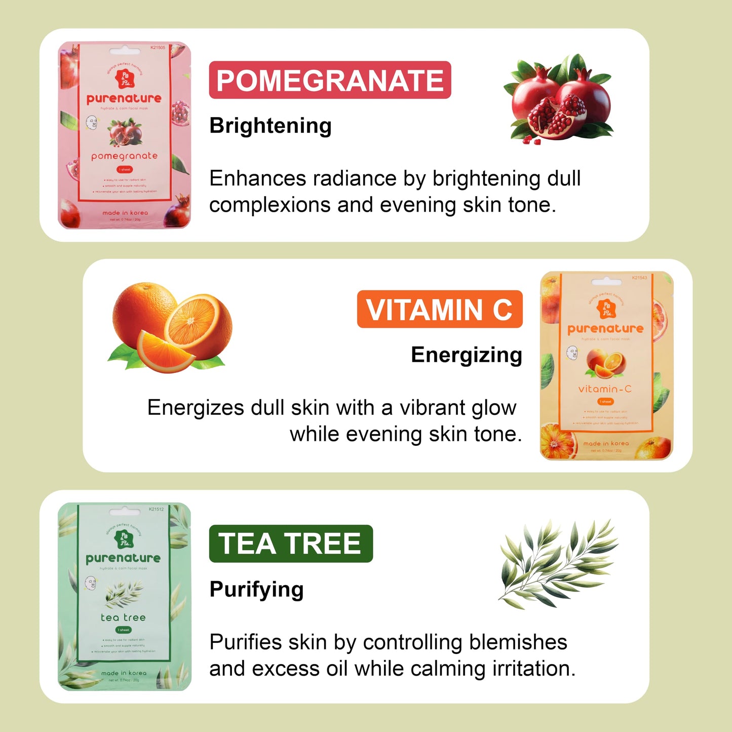 PB&Jay Purenature Hydrate and Calm Facial Mask - 12 Pack Acai Berry,Vita c,retinol and more, Made in Korea, Face Mask Skincare for Hydration, Skincare Beauty & Personal Care PB & JAY