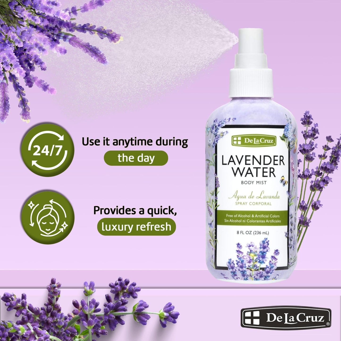De La Cruz Lavender Water Body Mist - Lavender Spray body mist With Pure Lavender Essential Oil 8 fl oz (236 mL) Beauty & Personal Care De La Cruz