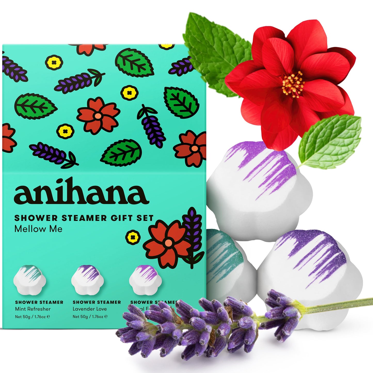 ANIHANA Shower Steamers Mellow Me 3 Pack Gift Set with Essential Oils, Paraben Free, Mint Refresher, Lavender Love, Floral Fantasy, 1.76 oz Each Beauty and Personal Care ANIHANA