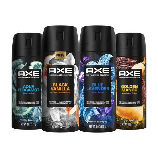 AXE Fine Fragrance Collection Premium Deodorant Body Spray for Men - Variety Pack - Blue Lavender, Aqua Bergamot, Golden Mango, & Black Vanilla - Pack Beauty and Personal Care AXE