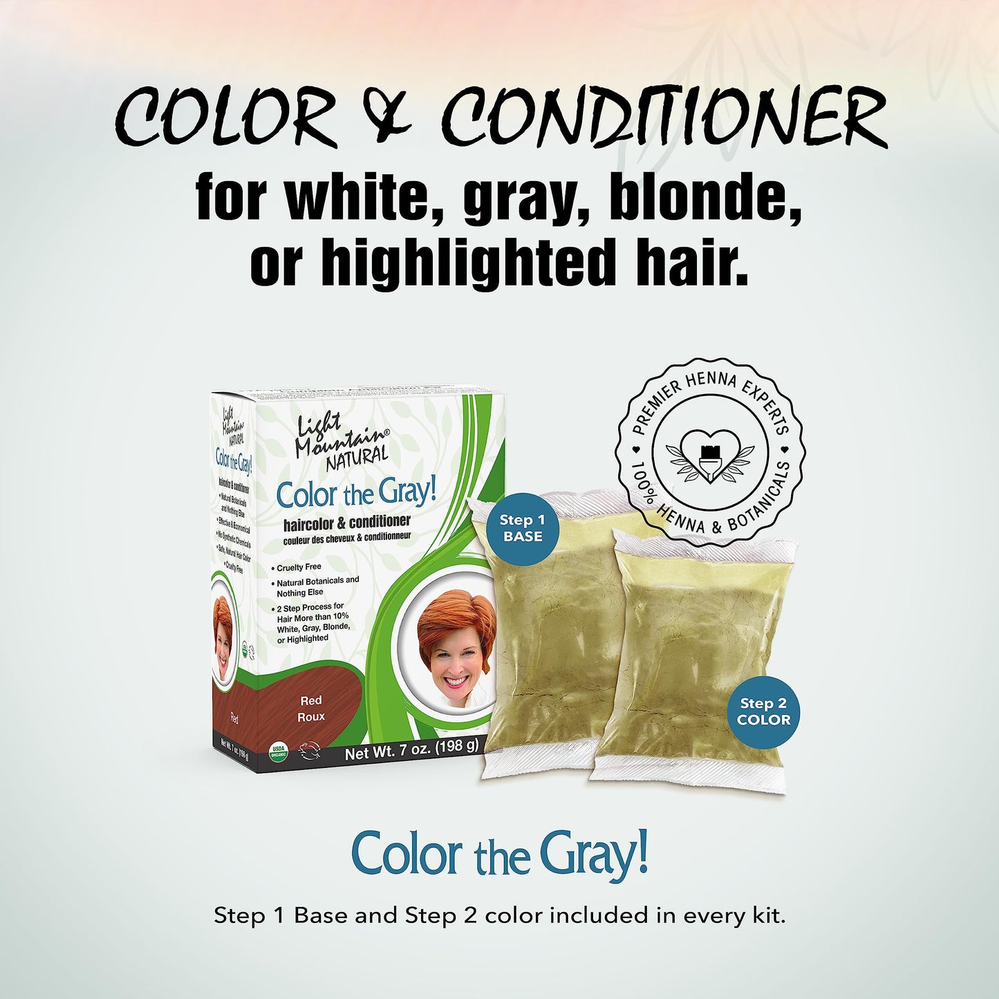 Light Mountain Henna Hair Color & Conditioner, Color the Gray - Red, 2-Step Chemical-Free, Semi-Permanent for White, Gray & Blonde Hair + 4 Clips Beauty & Personal Care LIGHT MOUNTAIN