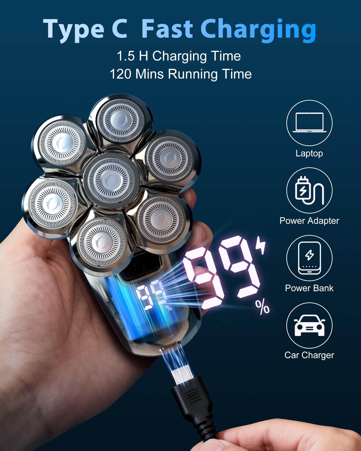 Head Shaver for Bald Men, 7D Floating Rotary Shaver with LED Display, Detachable Electric Shavers Rechargeable 2-Speed Modes Motor IPX7 Waterproof Beauty and Personal Care SROT