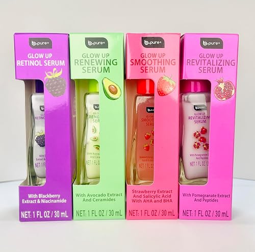 B.Pure Glow Up Face Serum Set, Retinol, Smoothing, Revitalizing, and Renewing, 1 Fl Oz Each, 4 Pack Beauty & Personal Care b.pure