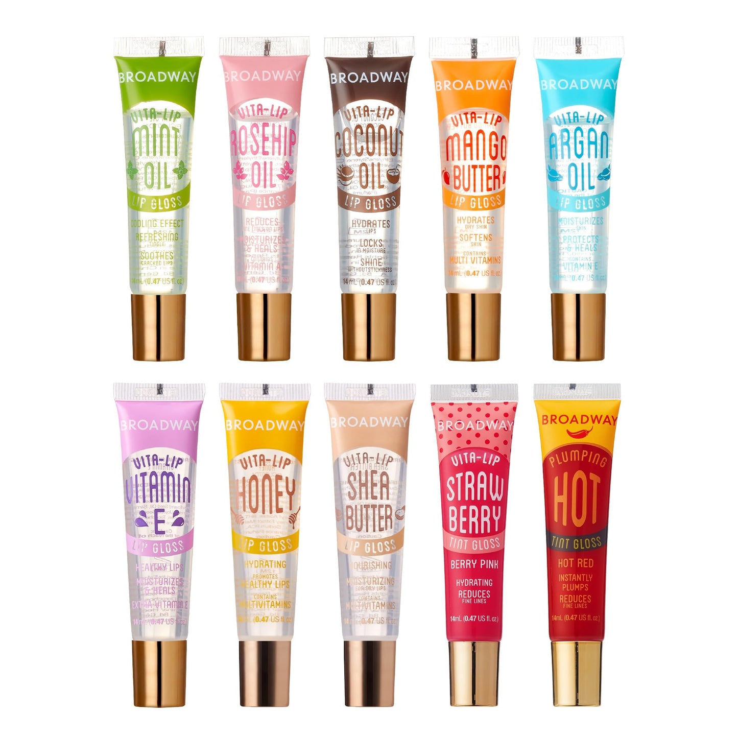 Ruby Kisses Broadway Vita-Lip Tinted & Clear Lip Gloss (10 Pack) Ultra-Hydrating & Soothing Formula, High-Shine Non-Sticky Lip Balm with Mint, Beauty & Personal Care Ruby Kisses