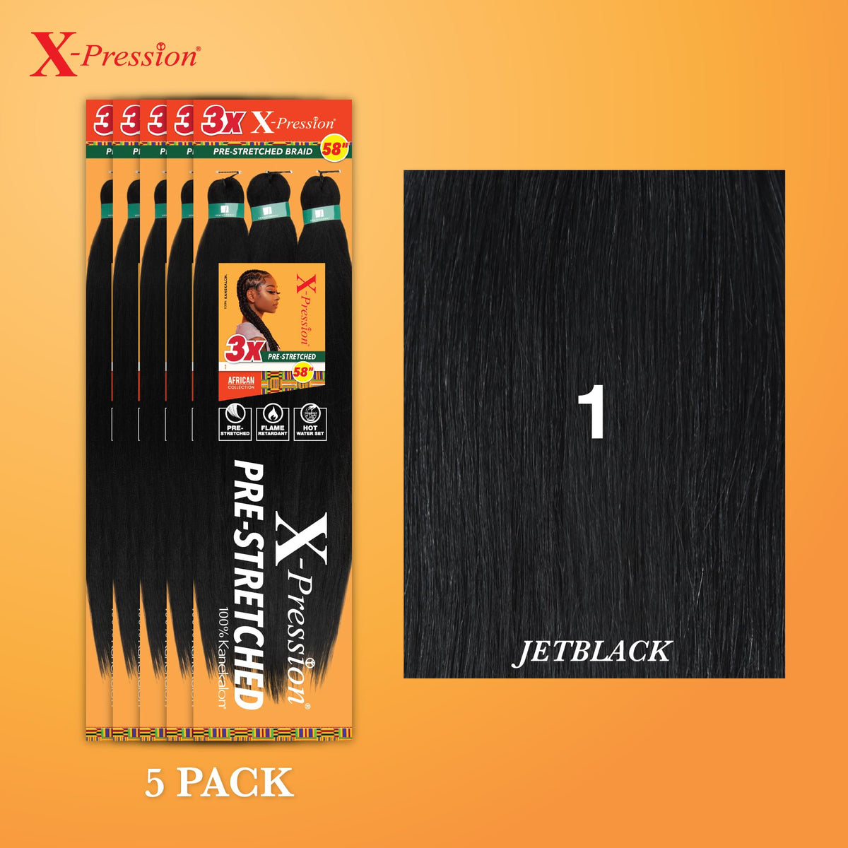 Sensationnel X-Pression Prestretched Braids-3X 58in,5pk 1 JETBLACK
