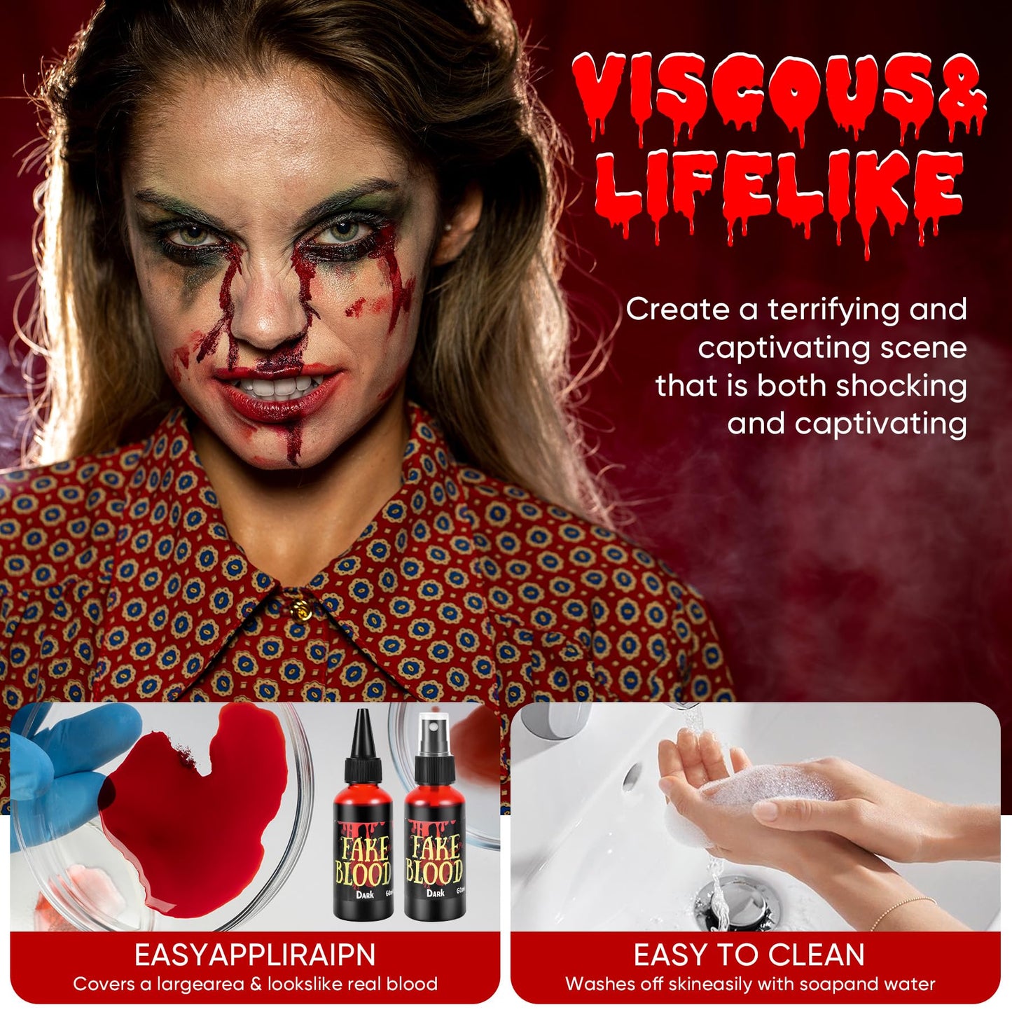 JAYUWE 7 PCS Halloween Fake Blood Spray Makeup Kit - Fake Blood 2.1oz X4 + Coagulated Blood Gel 1.41oz + Soap + Sponge, Washable Blood Paint Beauty & Personal Care jayuwe