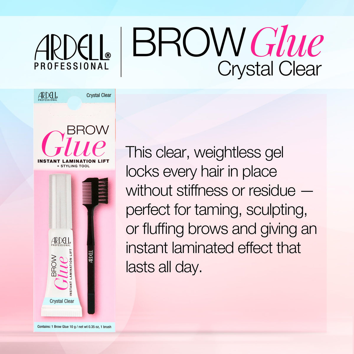 Ardell Brow Glue Crystal Clear - Instant Lamination Brow Gel with Styling Brush, All-Day Extreme Hold Eyebrow Gel Clear for Fluffy, Defined Brows,